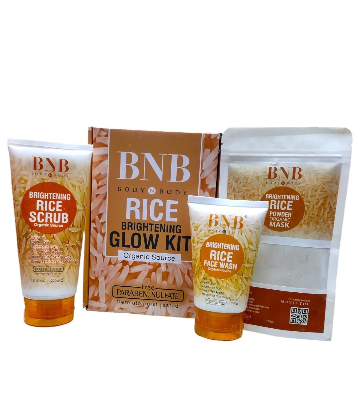 BNB 3 in 1 Brightening Glow Kit Rice Scrub Face Wash + Mask